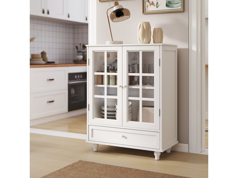 Buffet blanc minimaliste avec doubles portes en verre et tiroir, meuble de rangement en bois moderne pour salon salle à manger entrée - Conforama B
