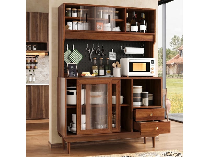  Buffet de cuisine en noyer avec panneau perforé, 4 portes coulissantes en verre strié, 170 cm  - Conforama D