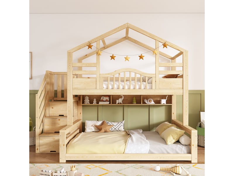  Lit superposé enfant 90x200140x200 cm, escalier avec rangement, étagères, ports usb, pour chambre enfant - beige et bois naturel  - Conforama D
