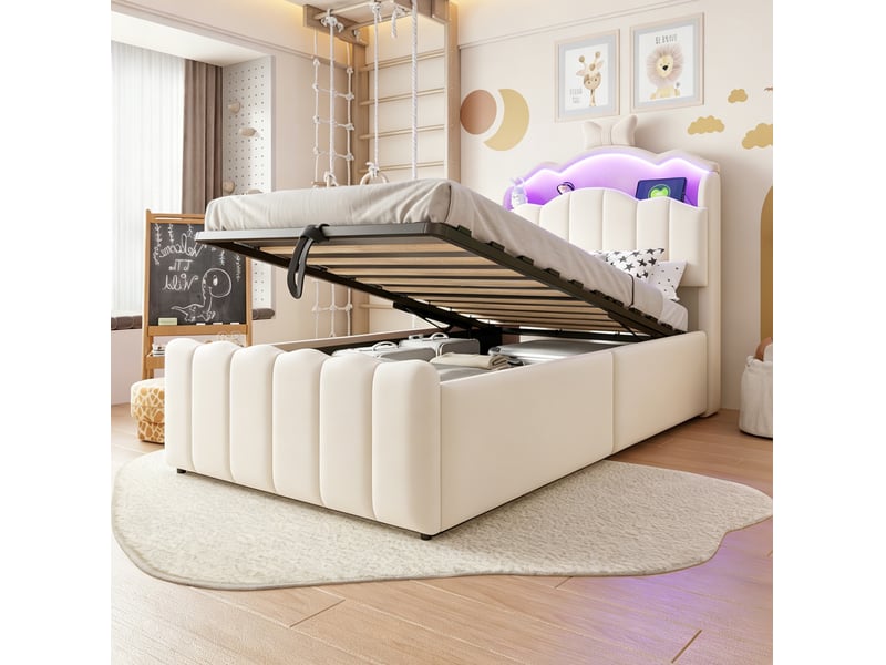  Lit enfant 90x200 cm en velours avec rangement hydraulique, led et usb, beige  - Conforama E