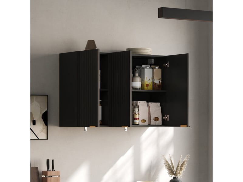 Meuble haut de cuisine 3 portes 90x29x60 cm - meuble de rangement mural - portes à lattes ondulées - mdf - noir  - Conforama R