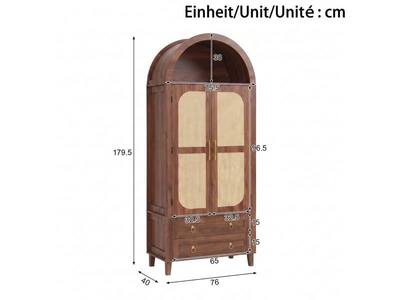 Buffet haut 76x40x179,5 cm finition noyer, 2 portes, 2 tiroirs et led - Conforama C