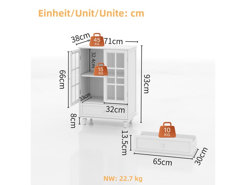  Buffet de cuisine - 71x38x93 cm - meuble de rangement minimaliste moderne en bois avec 2 portes vitrées et tiroir - blanc  - Conforama E