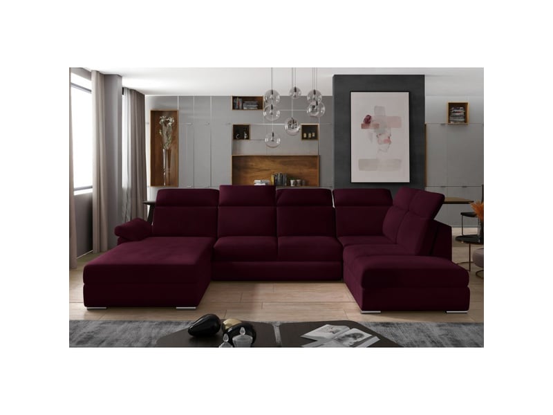  Canapé panoramique convertible majesta 5 places rose foncé – angle droit avec coffre  - Conforama B