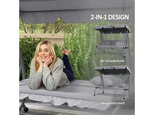 Balancelle outsunny 3 places, 340 kg, fonction lit, toit réglable, table pliante, 200x120x164 cm, gris clair