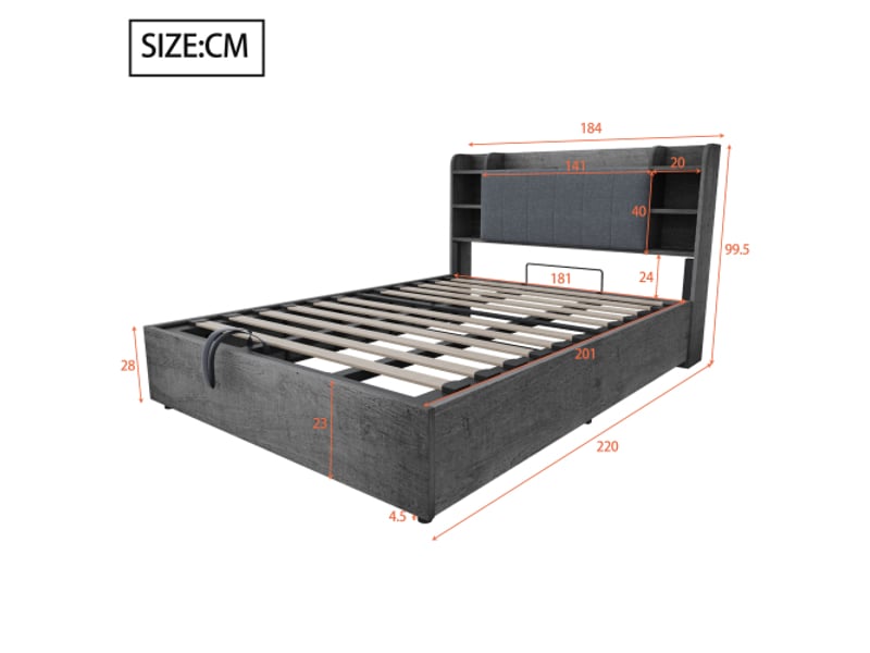 Lit bois gris 180x200 cm avec tête de lit de rangement, lit hydraulique, ports usb et usb-c, sans matelas - Conforama C