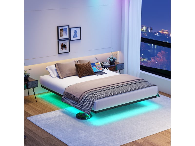 Lit double 120x200 cm éclairage led et station de charge en métal noir - Conforama D