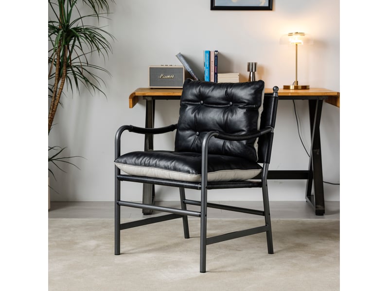  Fauteuil d'accent en cuir avec accoudoirs et structure métallique noire, style moderne pour salon  - Conforama B