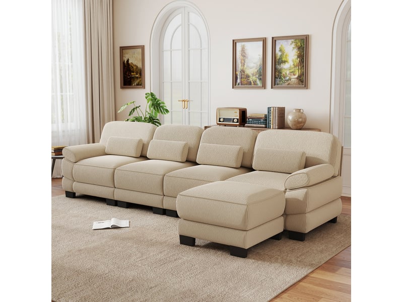  Canapé modulable angle l 4 places 336x161x94 cm, cadre solide, assise profonde, avec pouf, en velours côtelé, beige  - Conforama B