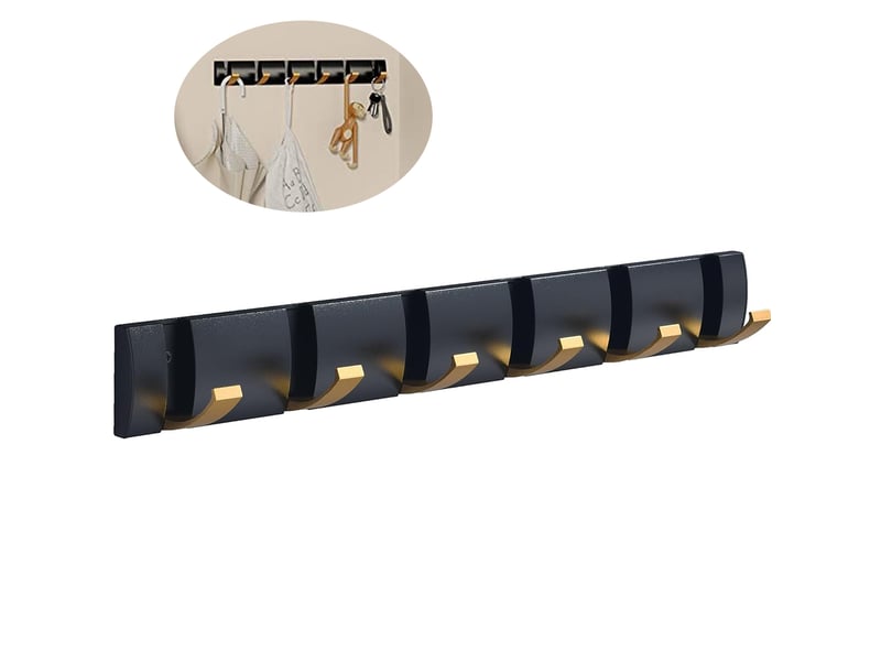 Porte-manteau mural pliable à 6 crochets, patère noire et dorée moderne, design gain de place pour vêtements, salle de bain et entrée de maison - Conforama A