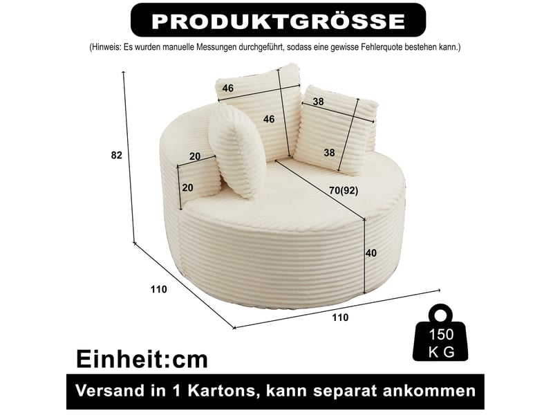  Fauteuil rond 1 place avec 3 coussins et accoudoirs larges en velours côtelé beige, diamètre 110 cm  - Conforama C