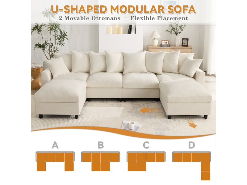  Canapé d'angle modulable, canapé 6 places en chenille beige, ports usb et type-c avec 2 poufs amovibles pour salon et salle de séjour.  - Conforama D