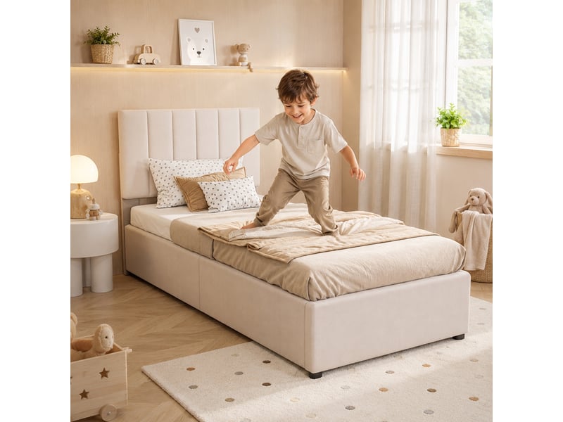  Lit coffre capitonné 90x200 cm, lit 1 place avec coffre de rangement, lit simple rembourré avec sommier à lattes, lin beige  - Conforama R