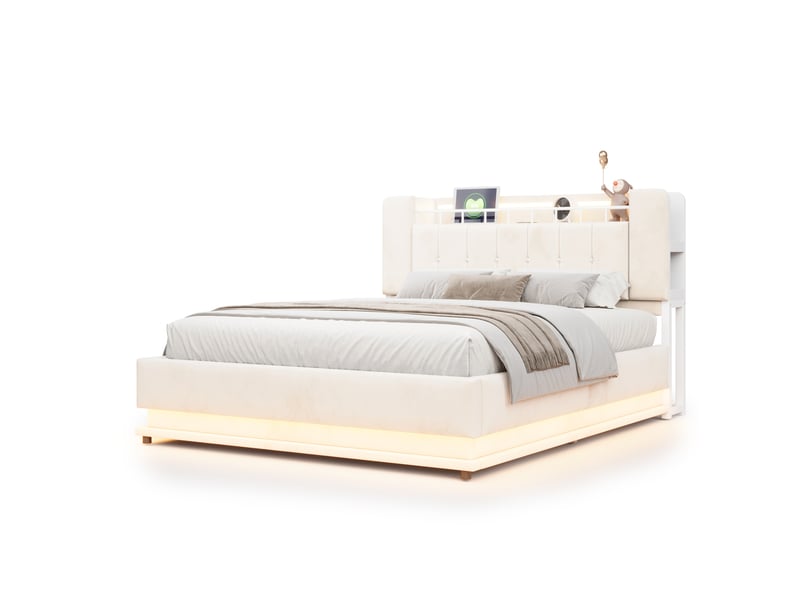 Lit coffre 2 places 160x200 cm beige en velours, led et usb, rangement hydraulique, pour chambre, sans matelas - Conforama A