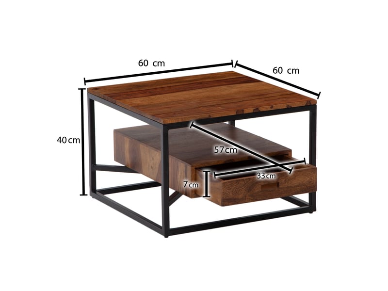 Finebuy table basse de salon sheesham bois massif et métal 60x60x40 cm carré ; petite table de canapé avec tiroir marron ; design table d'appoint style industriel avec rangement  - Conforama D