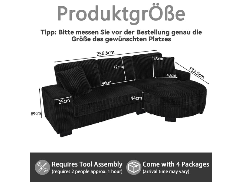  Canapé d'angle modulaire 4 places avec hocker ovale amovible et 2 coussins, en corduroy noir  - Conforama D