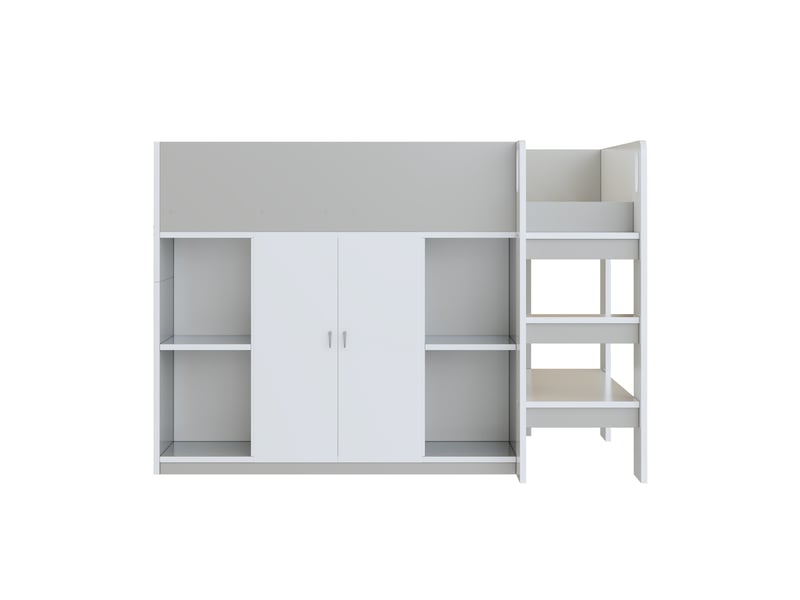 Lit mezzanine enfant 90x200 cm – gris et blanc – armoire, étagères et échelle fixe – sans matelas - Conforama D