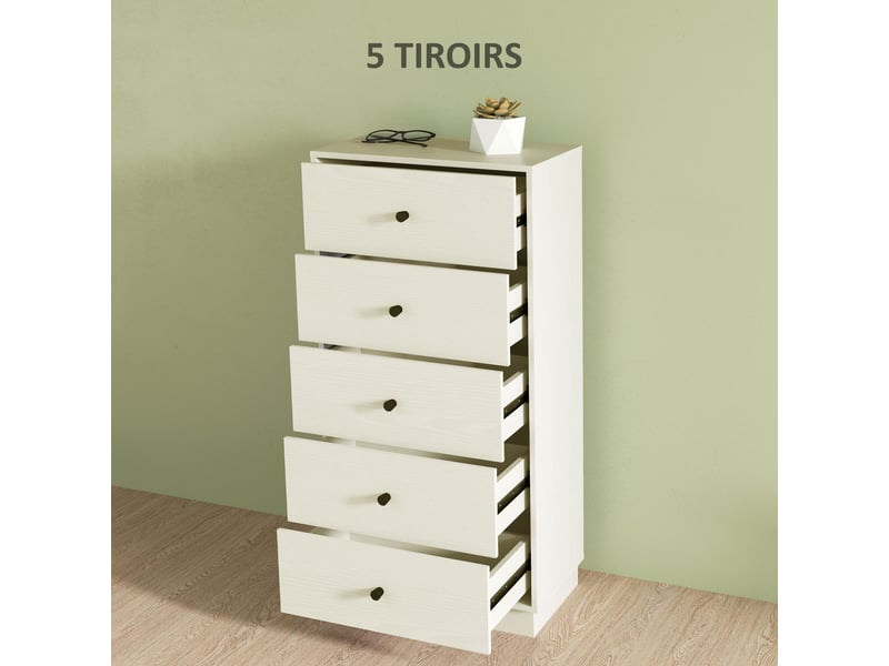  Commode 5 tiroirs, meuble de rangement haut et étroit, style moderne pour chambre à coucher, crème, salon - 47x29x95cm  - Conforama A