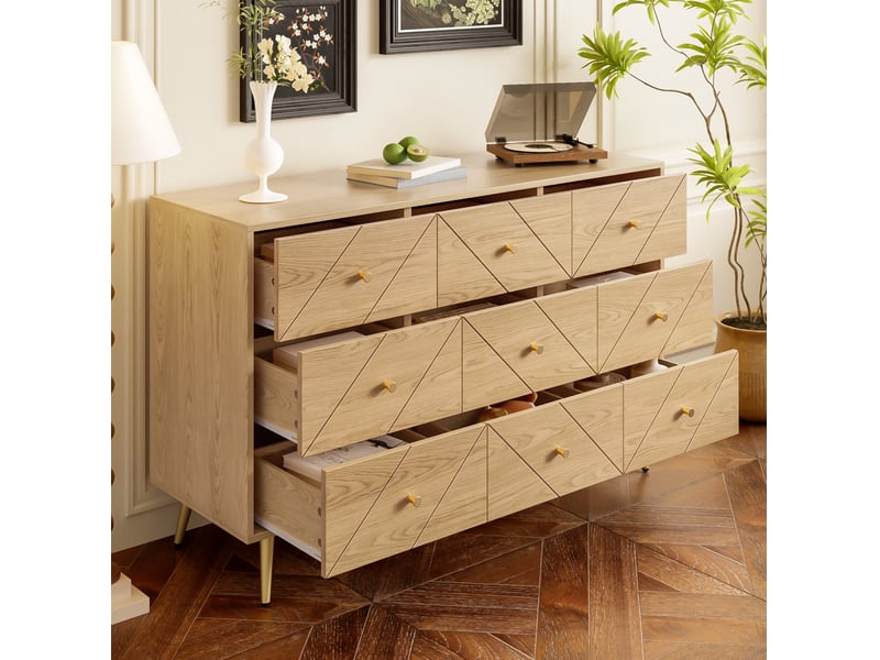 Commode 9 tiroirs 120x39x80 cm à motifs géométriques, coloris bois naturel - Conforama D