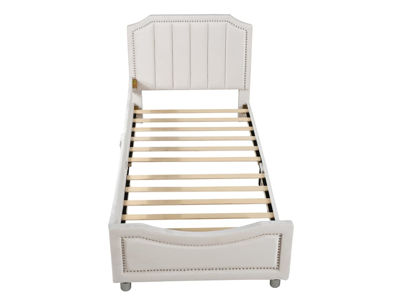  Modenvie lit enfant capitonné 90x200 cm - avec dossier et structure multifonction, sans matelas - beige  - Conforama D