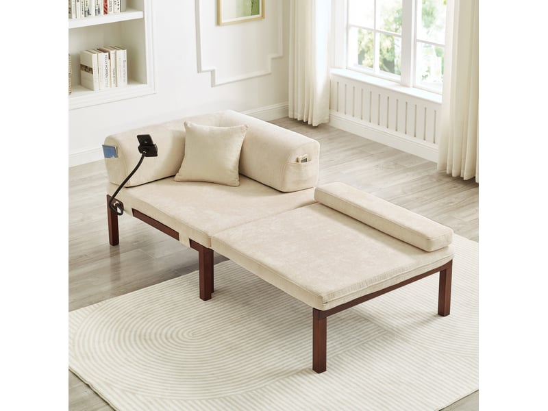 Canapé convertible pliant 1 place avec lit coulissant et dossier à coussins en bois et velours beige  - Conforama E