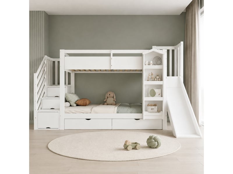  Lit superposé enfant 2 places 90×200 cm, toboggan, 2 tiroirs et escalier rangement  - sans matelas, bois blanc  - Conforama C