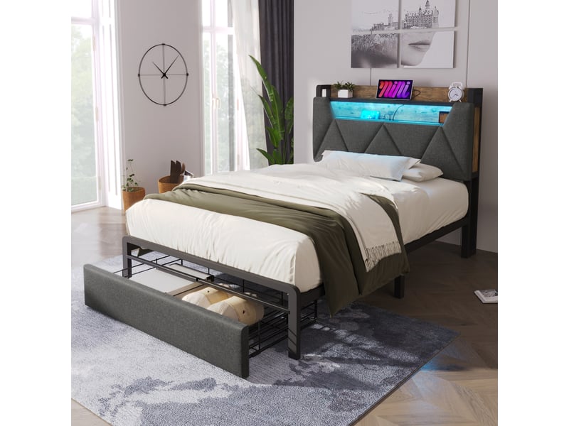  Lit coffre 90x200 cm - lit simple avec tête de lit led et fonction usb type-c - lin - matelas inclus - gris  - Conforama D