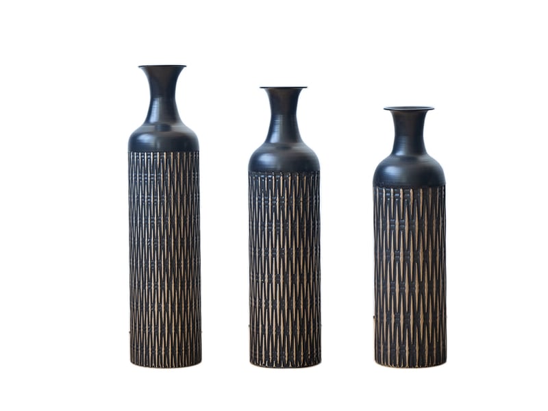  Vases de sol, lot de 3 en métal 506683 cm – noir – décor rainuré pour fleurs séchées et pampas  - Conforama A