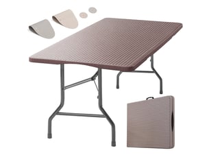 Table pliante extérieur 180x70cm, table pliable jardin pour 8 personnes, marron avec plateau plastique effet rotin & cadre métal, 150 kg, 3 verrous sécurité, table de buffet pour jardin balcon