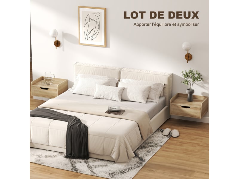  Lot de 2 tables de chevet murales, tables de nuit avec tiroir et plateau à rebords surélevés, bois naturel, 40x30x19,5cm  - Conforama A