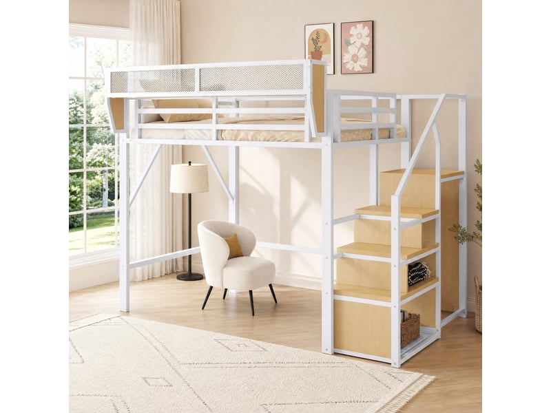  Lit mezzanine 140x200 cm avec échelle de sécurité et rangement modulable blanc  - Conforama B