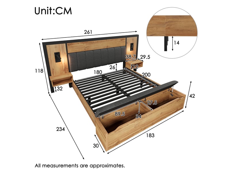  Lit double 180 x 200 cm chêne avec chevets, lampes de lecture et banc de rangement  - Conforama E