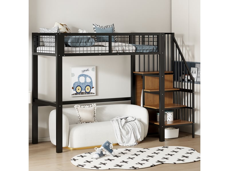  Lit mezzanine en métal, lit simple avec armoire, échelle de rangement et garde-corps, 90x200 cm, sans matelas, noir  - Conforama C
