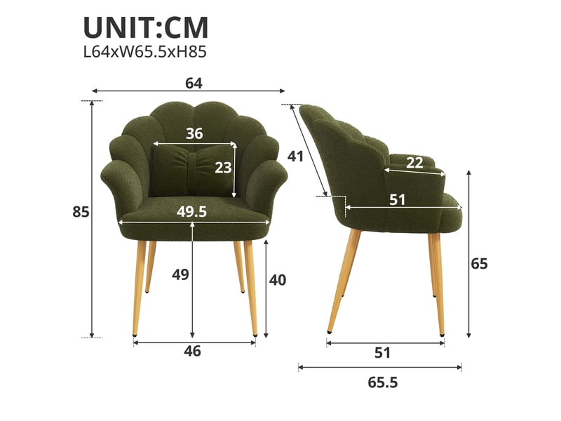 Fauteuil à dossier pétale, accoudoirs et coussin, pieds métalliques dorés en tissu bouclette vert, 64 × 65,5 × 85 cm - Conforama D