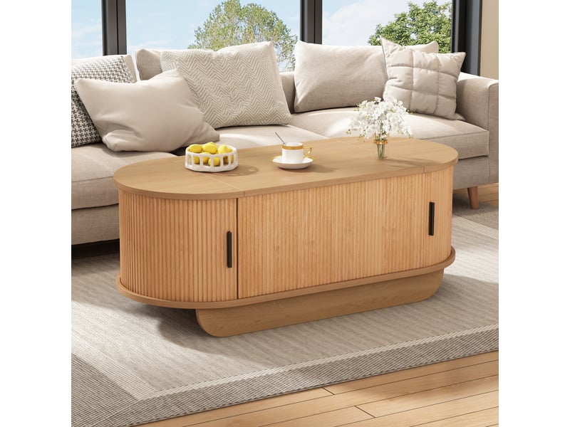 Table basse relevable ovale 100x50x42 cm - plateau hydraulique jusqu’à 55,5 cm, coffre et portes coulissantes - mdf - bois naturel CozyNest - Conforama D