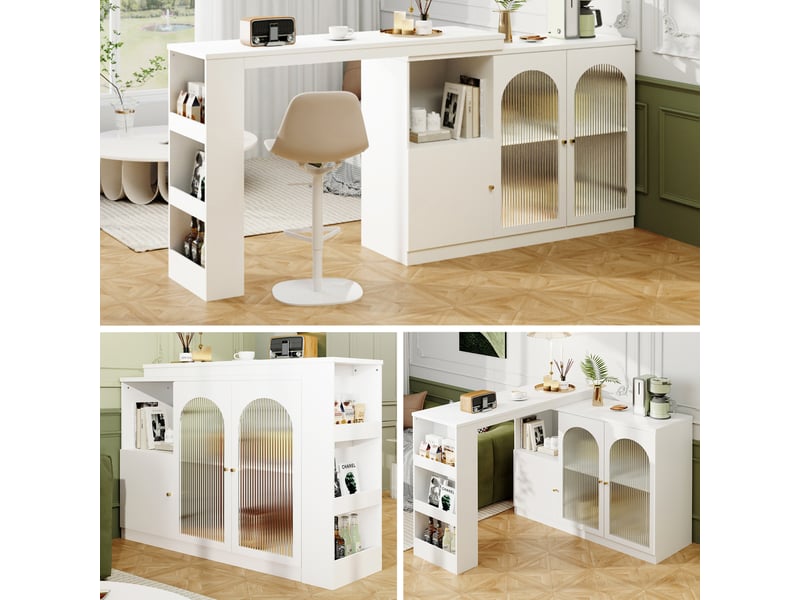  120 x 40 blanc table de bar extensible avec rangement, design moderne, structure fonctionnelle pour cuisine et salle à manger  - Conforama E