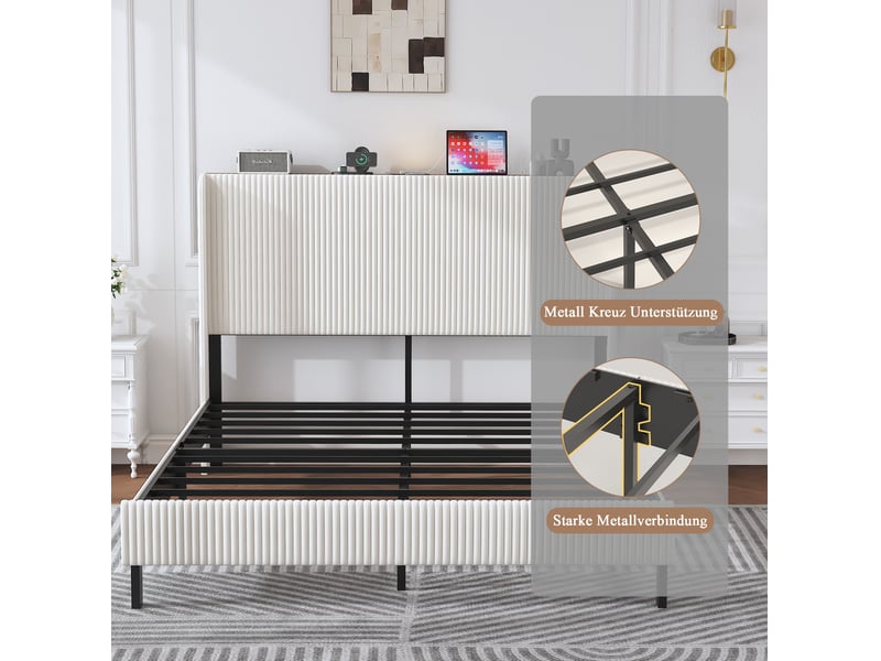 Lit 2 places, 160x200 cm, structure de lit, sommier, espace nuit, matelas non inclus, métal, coloris beige et crème  - Conforama E