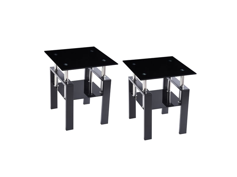  Lot de 2 tables d'appoint en verre trempé noir avec étagère basse et pieds métal, style design moderne  - Conforama A