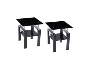 Lot de 2 tables d'appoint en verre trempé noir avec étagère basse et pieds métal, style design moderne