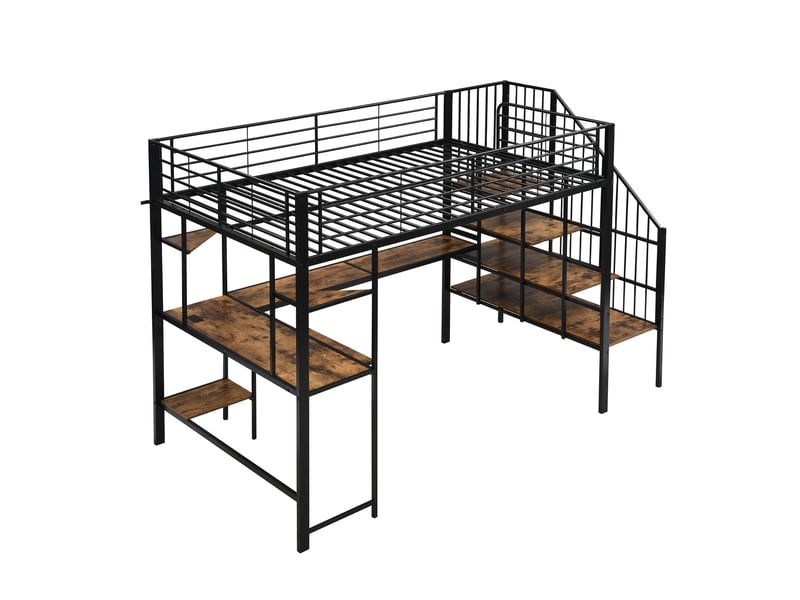  Lit haut 120x200cm, structure métal et mdf, escalier d'angle sécurisé, espace bureau et port usb, coloris noir et noyer  - Conforama A