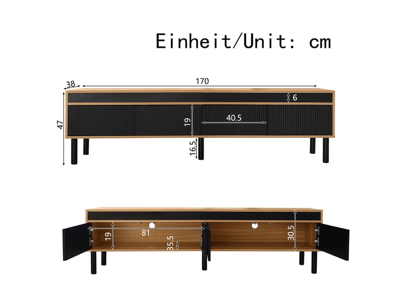  Meuble tv 170 cm noir et bois avec 4 portes rayées et pieds en bois massif  - Conforama C