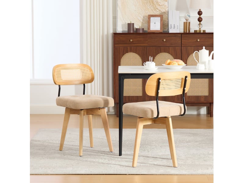  Lot de 2 chaises pivotantes 360° en chenille kaki, dossier en rotin tressé, style mid-century moderne  - Conforama B