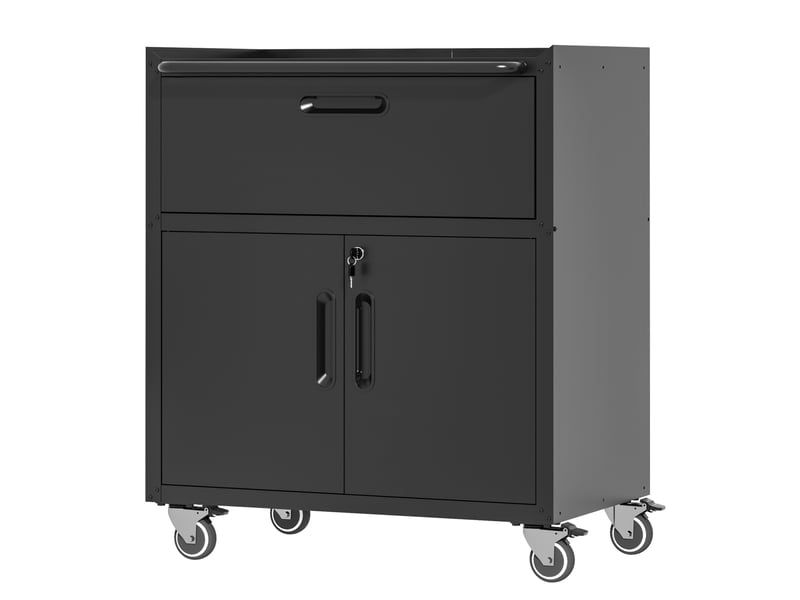 Armoire à outils sur roulettes 75x42x88 cm noire en métal, 1 tiroir, 2 portes verrouillables pour garage - Conforama D