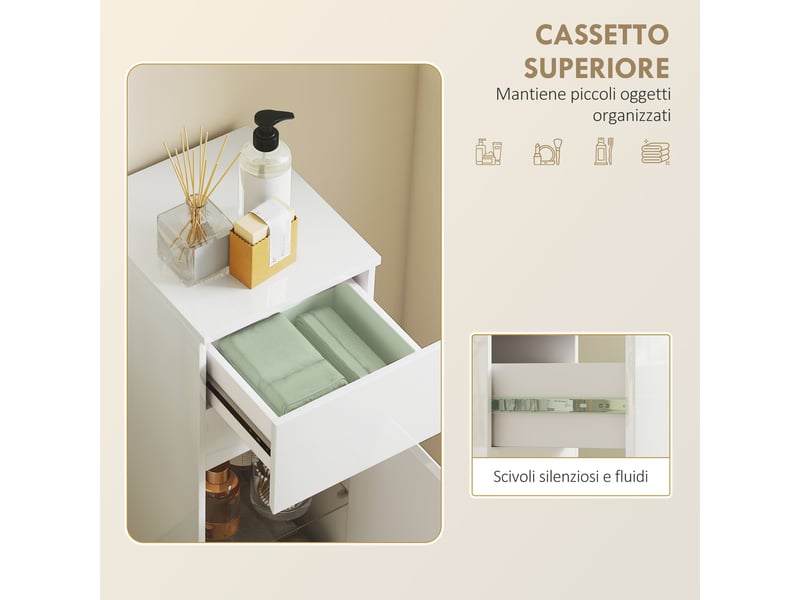 Meuble de salle de bain mural avec tiroir, porte laquée et étagère en verre réglable, blanc - Conforama D