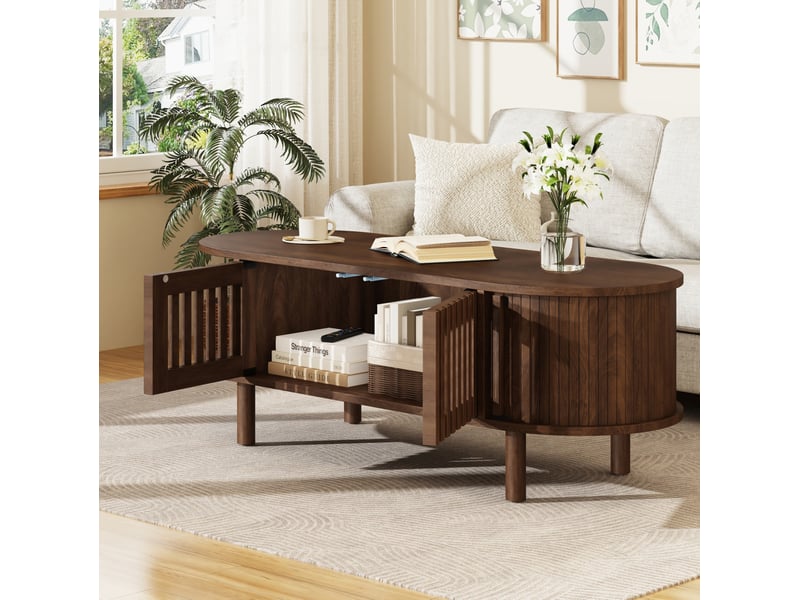  Table basse forme ovale 100x40x38 cm avec rangement en mdf et bois couleur marron, design simple  - Conforama B