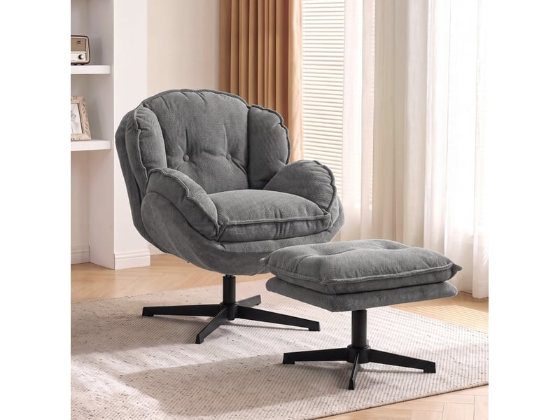 Fauteuil relax pivotant à 360° avec repose-pieds réglable en hauteur et dossier rembourré en chenille grise - Conforama B