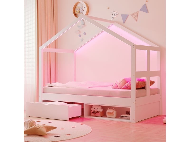  Modenvie lit cabane 90x190 cm - rangement avec tiroir, eclairage led multicolore, sommier inclus - blanc  - Conforama D