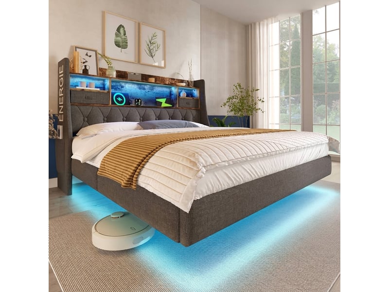 Lit double 180x200 flottant avec led et station de charge, rangement tête de lit, lin gris - Conforama C
