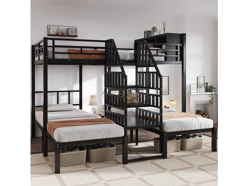  Lit superposé 3 couchages 90x200 et 140x200 cm avec escalier et rangement, noir  - Conforama B