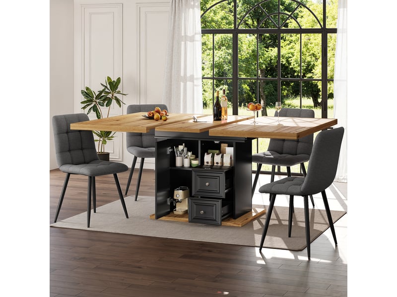  Table à manger extensible 110-140x80x75 cm avec rangement intégré, plateau mdf et structure métal, couleur naturel  - Conforama B